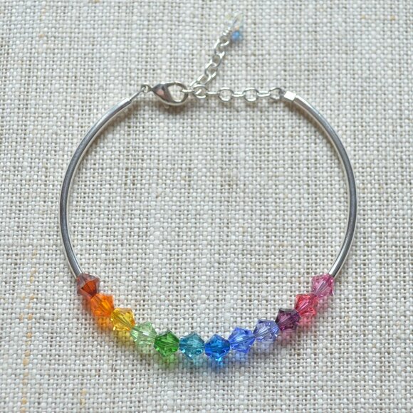 Handmade Rainbow Crystal Bracelet, Silver Plated, Bright and Colourful - Picture 5 of 7